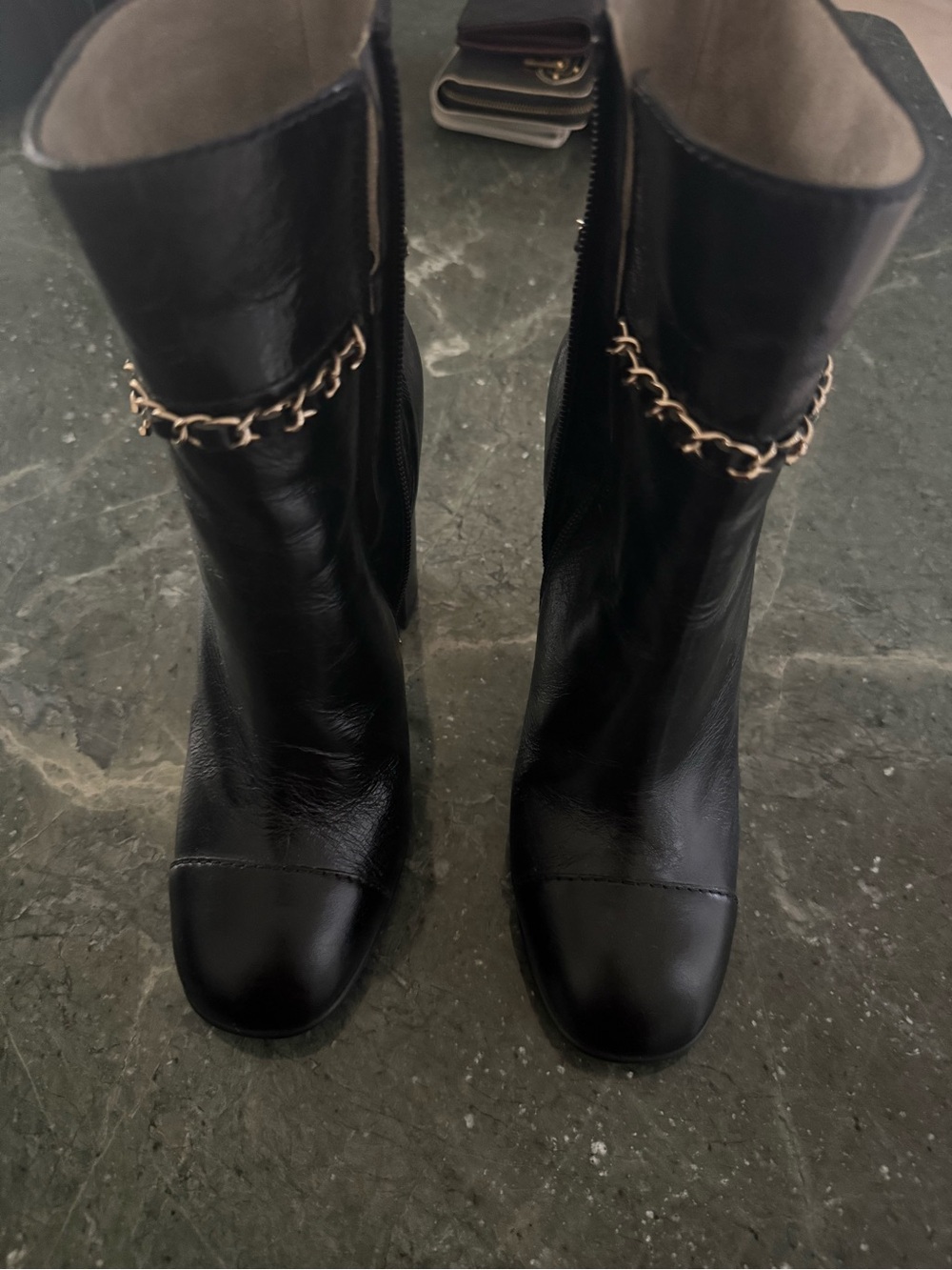 CHANEL Black Leather Mid-Calf Boots with Gold Chain